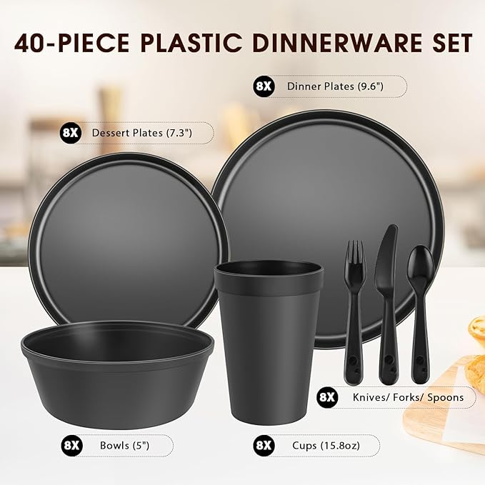 40 Piece Plastic Dinnerware Set for 8 with Cutlery, Unbreakable Plates and Bowls Set, Dishwasher & Microwave Safe Reusable Dish Set for Camping, RV, Outdoor Kitchen, Apartment Dining, Black