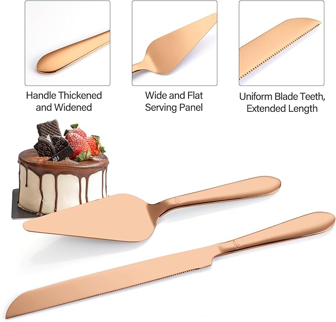 Wedding Cake Knife and Server Set, Integral Stainless Steel Longer Cake Cutter and Wider Pie Spatula, Elegant Cake Cutting Serving Set for Party Birthday Bridal Shower Set of 2, Rose Gold