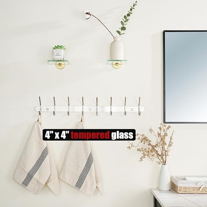 JQK Small Floating Glass Shelves Gold, 4 Inch Display Ledges for Wall, Mini Decor, Living Room Bedroom Bathroom, Tempered Glass Shower Storage, 2 Pack, TGS101L4-BG-P2