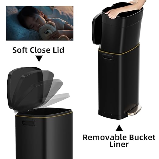 KdbK 13 Gallon Trash Can with Lid, 50L Fingerprint Proof Stainless Steel Kitchen Trash Can with Removable Inner Bucket and Lid Soft Close, Pedal Rubbish Bin for Home Office, Black