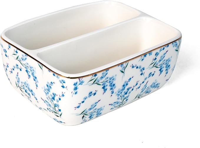 2 Compartments Ceramic Sponge Holder for Kitchen Sink, Cute Floral Pattern Countertop Dish Sponges Holder Soap Sink Organizer Caddy Farmhouse Home Kitchen Decor Blue Blossom