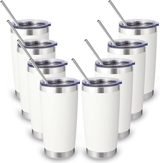 Volhoply 20oz Stainless Steel Tumbler with Lid and Straw Bulk 8 Pack,Double Wall Insulated Travel Iced Coffee Mug Fits Cup holder,Powder Coated Cups for Hot/Cold Drinks,Gifts for Women（White,8 Set）