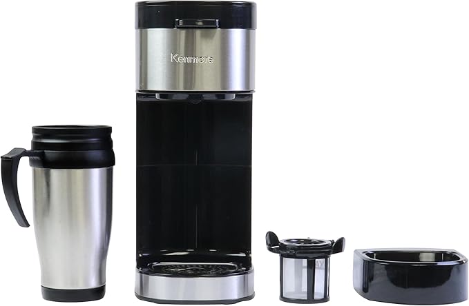 Kenmore Single Serve Coffee Maker – 6–12 Oz Brew Sizes, Compatible with Keurig K‑Cup Pods & Ground Coffee, One Cup Brewer, Travel Mug Friendly, Auto Shut‑Off, Hot & Iced Machine à café, Black