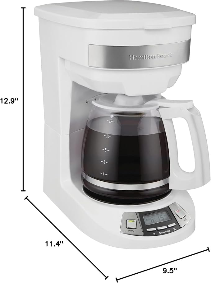 Hamilton Beach 12 Cup Programmable Drip Coffee Maker Machine, Regular & Bold Brew Options, Auto Pause and Pour, Glass Carafe, White (46294J)