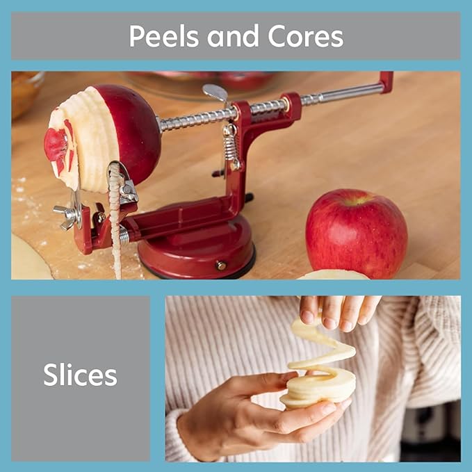 Apple Peeler and Corer - Durable, Heavy Duty Chrome Cast Iron with Powerful Countertop Suction, Hand Crank for Fruits, Apples, Potatoes or Veggies, Fall Picking Season and Holiday Pie Making Essential