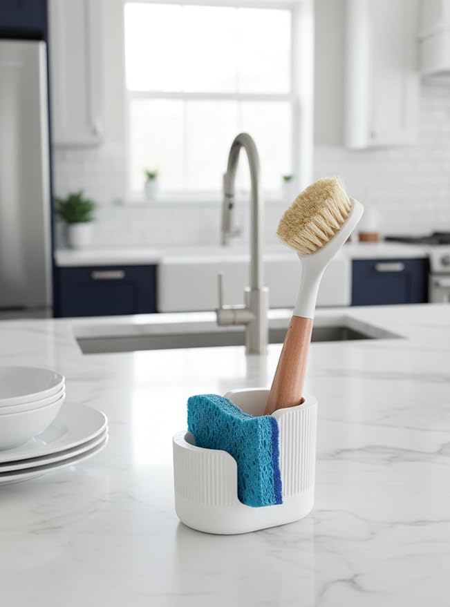 2-in-1 Diatomite Sponge Holder for Kitchen Sink, Quick-Drying Dish Sponge and Brush Holder, Dish Wand Holder, Diatomite Stone Sink Tray, Ultra Absorbent Sinks Caddy Organizer,White