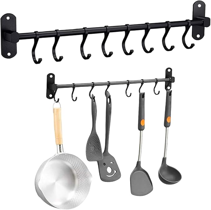 Kitchen Utensil Hanger, Wall Mounted Kitchen Rail with 8 Sliding Hooks, Heavy Duty Aluminum Hanging Utensil Holder for Pot Pan Mugs SpoonsKitchen Hanger