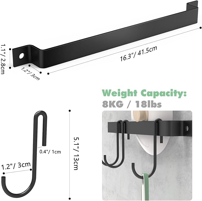 Housolution Kitchen Rail with 15 Hooks, 16 Inch Wall Mounted Hanging Utensil Rack Kitchen Utensil Hanger for Kitchen, 1 Pack, Black