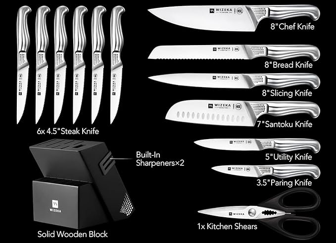 WIZEKA Kitchen Knife Set with Block: 15PCS German Stainless Steel Knife Block Set,One-Piece Design Knives Set for Kitchen, Professional Knife Set with Built-in Sharpener,Starry Sky Series Mothers Day