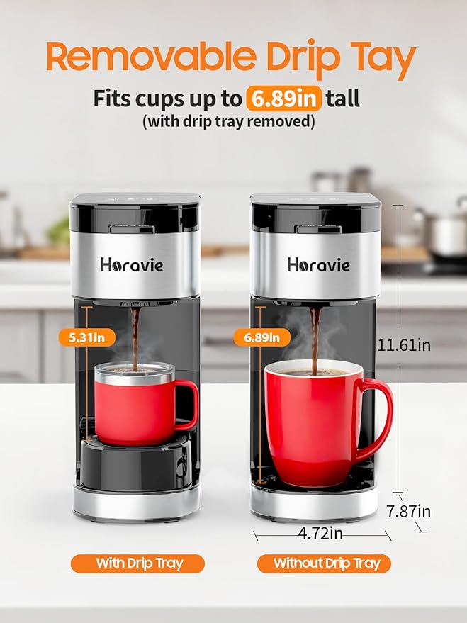 Horavie Single Serve Coffee Maker, Hot and Iced Coffee Maker for K Cup and Ground, 6 to 14 Oz Brew Sizes Single Cup Coffee Maker with Descaling Alert, Ideal for Home, Travel, RV and Dorm,Black