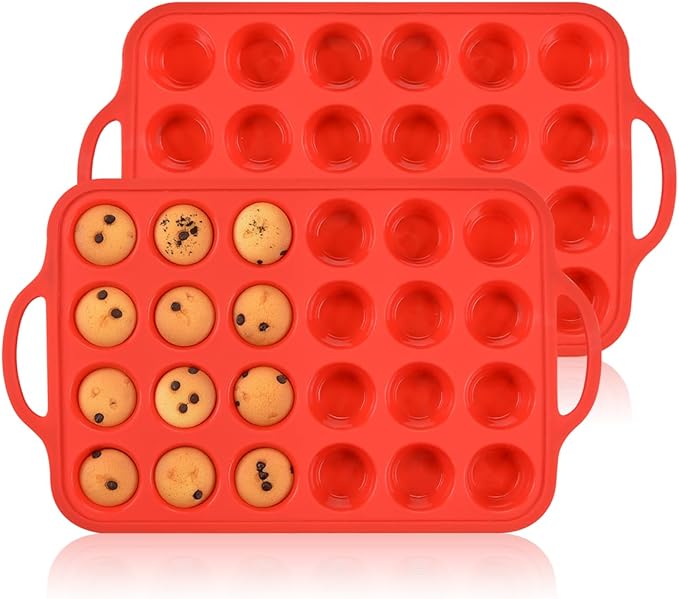 CAKETIME Silicone Mini Muffin Pan, Metal Reinforced Frame 24 Cups Mini Muffin Tin with Handles BPA Free Muffin Silicone Molds for Baking Muffins, Cupcakes, Egg Bites 2 Pack, Red