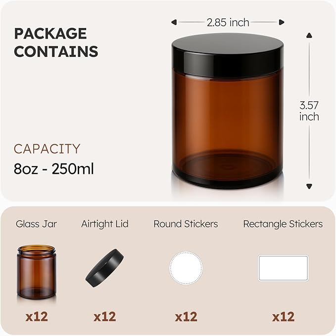 8 oz Amber Glass Jars with Lids, 12 Pack Amber Small Glass Jars with Black Lids, Lotion Container Empty Cosmetic Travel Containers for Sample, Cream, Lotion, Honey, Powder