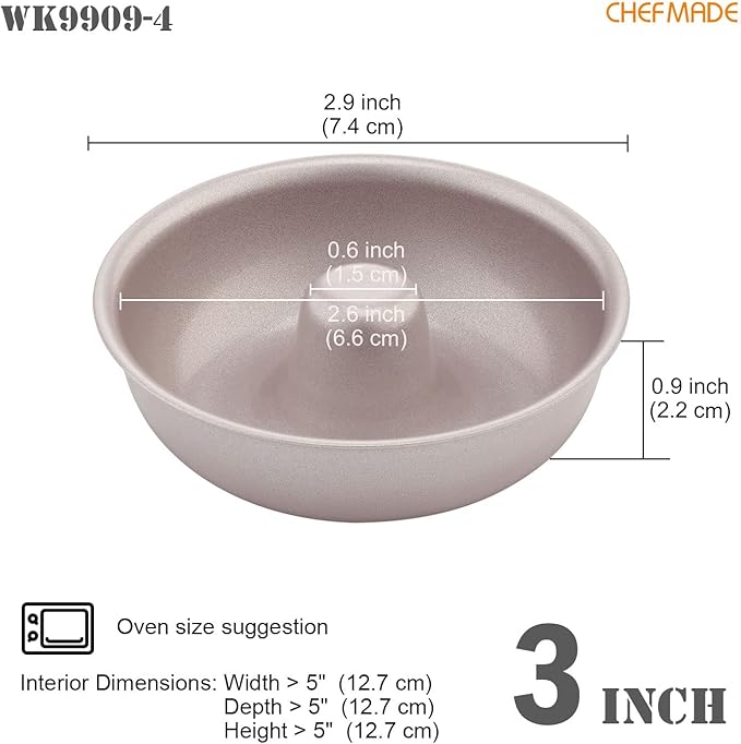 CHEFMADE Mini Donut Cake Pan Set, 3-Inch 4Pcs Non-Stick Ring Doughnut Bakeware for Oven and Instant Pot Baking (Champagne Gold)