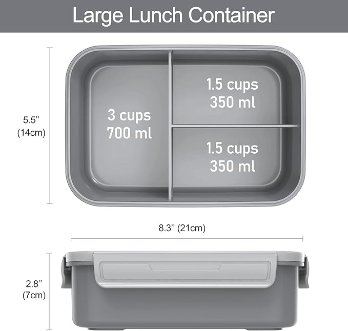 Caperci Classic Bento Box Adult Lunch Box for Older Kids - Leakpoof 47 oz 3-Compartment Lunch Containers for Adults and Teens, Built-in Utensil Set, Ideal for On-the-Go Balanced Eating, Gray