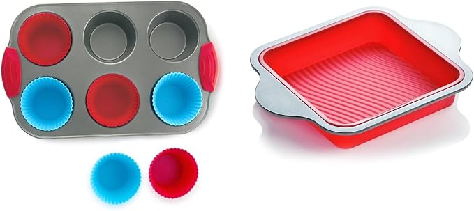 Baking Duo: Non-Stick Steel Jumbo 6 Cup Muffin Pan with Silicone Handles & Reusable Liners and 8x8 Inch Silicone Square Cake & Brownie Pan with Steel Frame Handles.