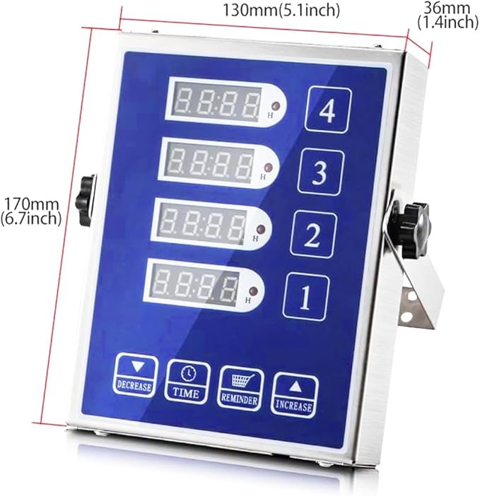 Commercial Kitchen Timer with 4 Channels, Digital Timer for Cooking, Loud Alarm Volume +/-, Food Truck Restaurant Supplies, Heavy Duty Stainless Steel Large Timers, Waterproof Panel & Memory Function