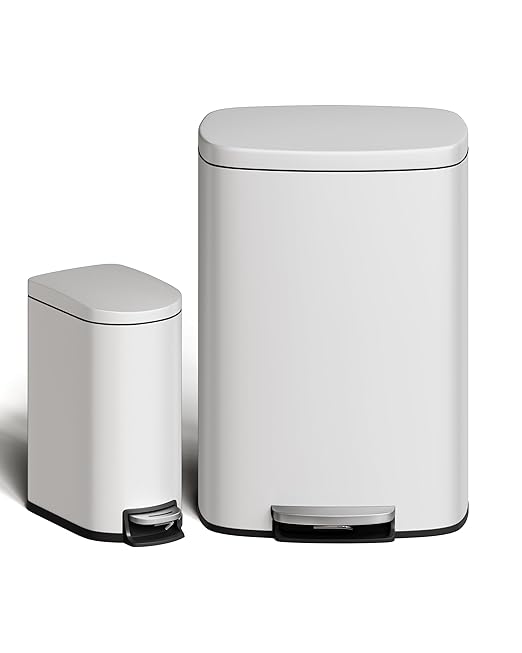 Garvee 13 gal (50 L) and 2.6 gal (10 L) Metal Trash Can Combo Set, Rustproof Garbage Can with Lid, Step-on Trash Bin with Inner Bucket, Rear Handle, White