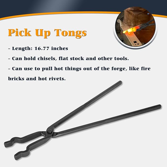 Blacksmith Knife Making Tongs Set - 3/8" 1/2" 5/8" V-Bit, 1/4 Flat Jaw, Pick Up, Scroll - Assembled Blacksmithing Bladesmith Steel Forge Tongs (6PCS)