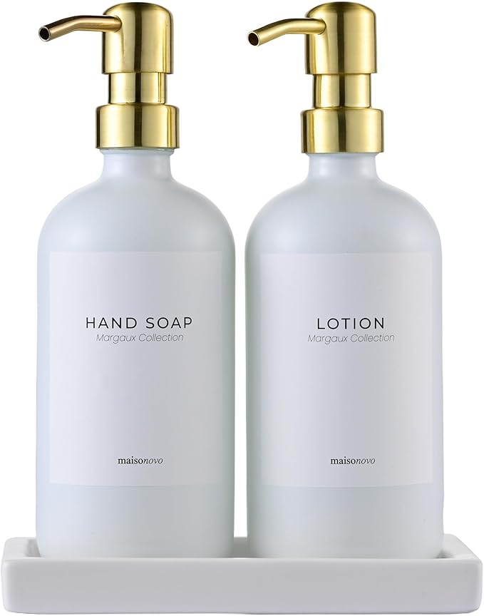 MaisoNovo Soap and Lotion Dispenser Set - Bathroom Soap Dispenser Set with White Soap Dispenser, Gold Pumps & Ceramic Tray