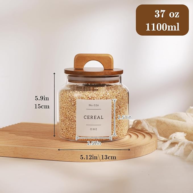 4 Pack Glass Pantry Storage Containers with 132 Pantry Labels - 37 FL OZ Kitchen Glass Canisters with Bamboo Airtight Lids - Farmhouse Glass Pantry Jars for Cookie, Rice, Pasta, Cereal, Bath Salt