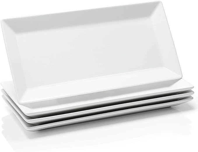 Sweese Porcelain Serving Tray, 12 Inch Rectangle Plates for Sushi, Meat, Desserts, Cakes, White Serving Platter for Restaurant, Banquet, Party, Microwave Oven Dishwasher Safe, Stackable, Set of 4