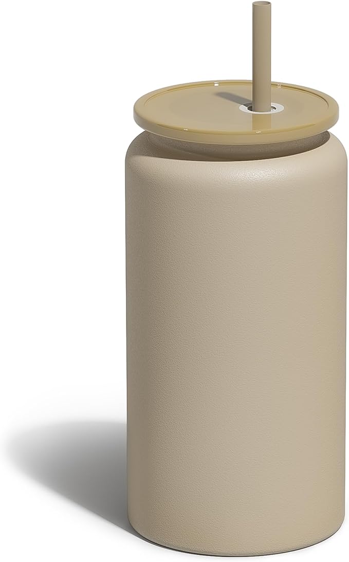 Glass Cups With Lids and Straws, 16oz Stainless Steel Beer and Iced Coffee Cup, Smoothie Drinking Cup, Brown (Textured Matte Finish, Not Sublimatable)