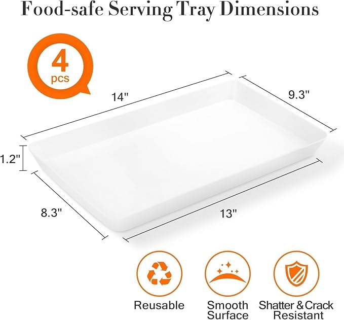 WOWBOX 4 pcs Serving Tray for Entertaining, Grilling BBQ Accessories, Serving Platters for Snacks, Fruit, Reusable Plastic Trays for Serving Food and Pantry Organization in Kitchen & for EasterParties