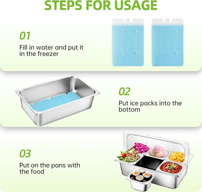 Stainless Steel Ice Food Serving Display Container 6 Pans 3 Ice Packs Cooled Condiment Dispenser Cold Serving Appetizer Buffet Organizer (6 Pans)