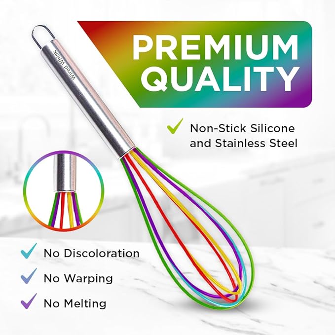 Silicone Whisk Set - Non-Scratch Set of 3 - Mini & Small Sizes - Stainless Steel Whisk - Cookware Wisking Tool