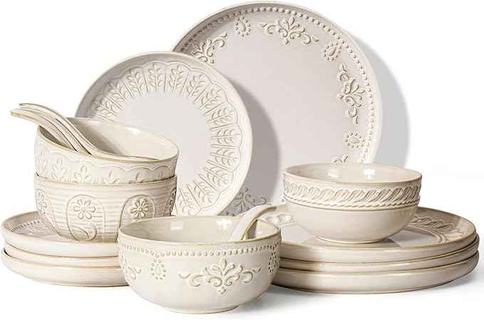 Artena Plates And Bowls Sets, 16 Pieces Dinnerware Sets, Dish Set For 4, Ceramic Kitchen Bowl And Plate Set, Embossed White Dishware Sets, Dishwasher & Microwave Safe (Multiple Patterns)