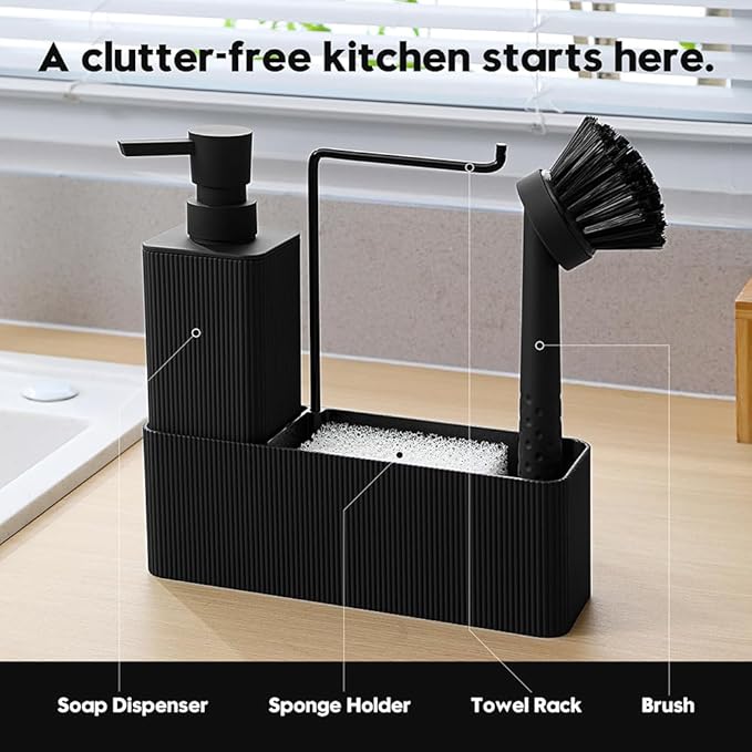 YAUKPH 4 in 1 Kitchen Soap Dispenser Set - Soap Dispenser Brush Sponge Holder Towel Rack (Striped Black)