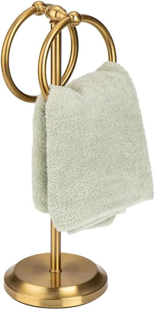 J&V TEXTILES Steel Towel Rack Holder Stand with 2 Hanging Rings for Bathroom Vanity Countertops - Space Saving Hand Towel Holder (Aged Brass)