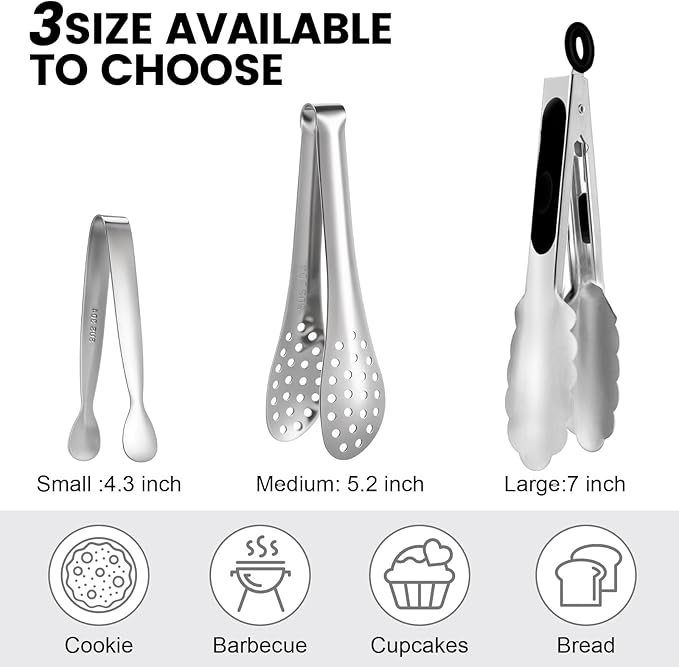 CHENGU12 Pack Stainless Steel Tongs 4/5/7inches Food Serving Clip Kitchen Cooking Tongs High Heat Resistant Clips for Cooking Non Stick Locking Grip for Ribs, Steak and Grill Salad