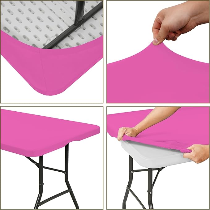 6 Pack Fitted Tablecloth for 6 Foot Rectangle Tables, Hot Pink Elastic Outdoor Picnic Table Cover, Washable Stretch Folding Table Cloths 6 ft for Camping Party Patio Kitchen Banquet, 30" W x 72" L