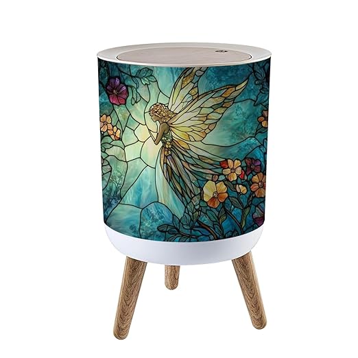 Trash Can with Lid Fairyland Stained Glass Art Opalescent Fairy Press Top Round Small Garbage Bin with Wooden Legs Waste Basket for Kitchen Bedroom Nursery 7L/1.8 Gallon