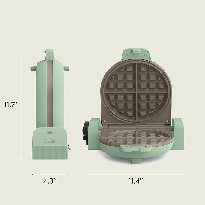 bella Flip-n-Store Waffle Maker with EverGood™ Ceramic Nonstick Coating, Fits-anywhere™ Kitchenware, Power Indicator Light, Cool Touch Handle & Cord Wrap, 7” Wide & 1" Deep Plates, 1000 Watt, Seaglass