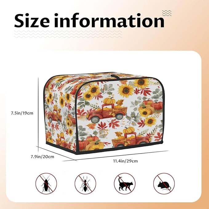 2 Slice Fall Toaster Cover,Thanksgiving Farm Truck Sunflower Small Kitchen Appliance Bread Machine Cover with Pockets,Dust & Fingerprint Protection