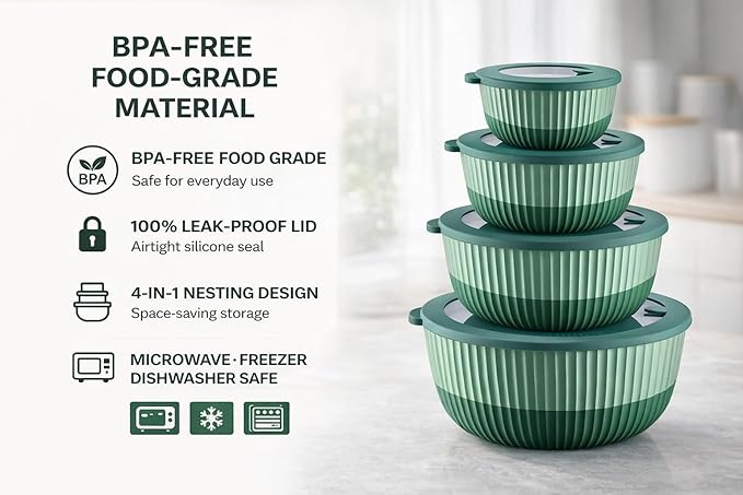 Mixing Bowls with Lids, 8-Piece Airtight Leak-Proof Nesting BPA-Free Bowl Set for Kitchen & Food Storage, Large 4200ml Capacity, Microwave & Dishwasher Safe