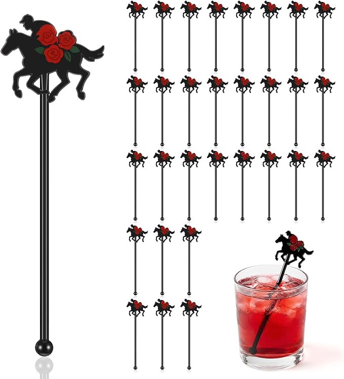30 Pcs 6 Inch Derby Horse Racing Drink Stirrers with Red Rose, Plastic Racing Swizzle Sticks for Cocktails Reusable Horse Party Decorations for Derby Day Bar Home Party Favors