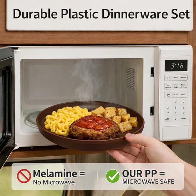 40 Piece Plastic Dinnerware Set for 8 with Cutlery, Unbreakable Plates and Bowls Set, Dishwasher & Microwave Safe Reusable Dish Set for Camping, RV, Outdoor Kitchen, Apartment Dining, Brown