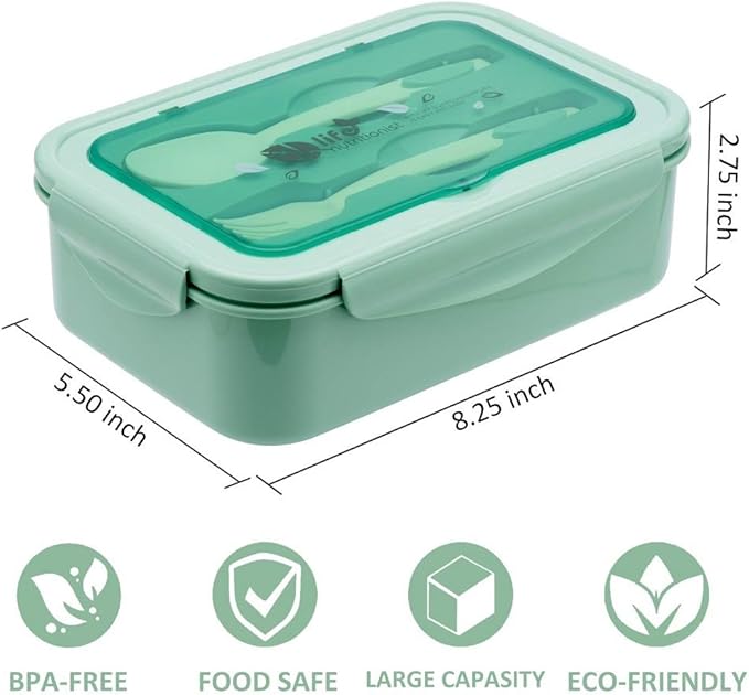 Bento Boxes for Adults - 1100 ML Bento Lunch Box For Kids Childrens With Spoon & Fork - Durable Perfect Size for On-the-Go Meal, BPA-Free and Food-Safe Materials(Green)