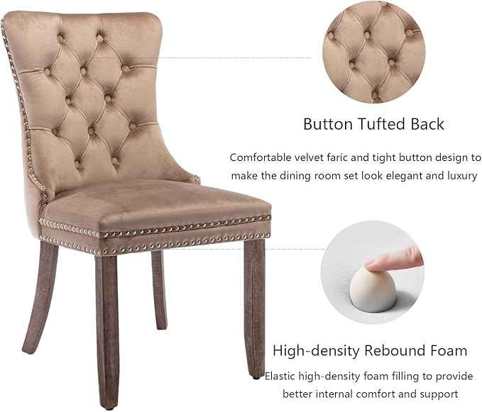 Upholstered Dining Chairs Set of 6, Velvet Dining Room Chairs with Back Ring Pull Trim and Solid Wood Legs, Tufted Wingback Kitchen Chair Perfect for Dining Room,Living Room,Kitchen(Khaki)