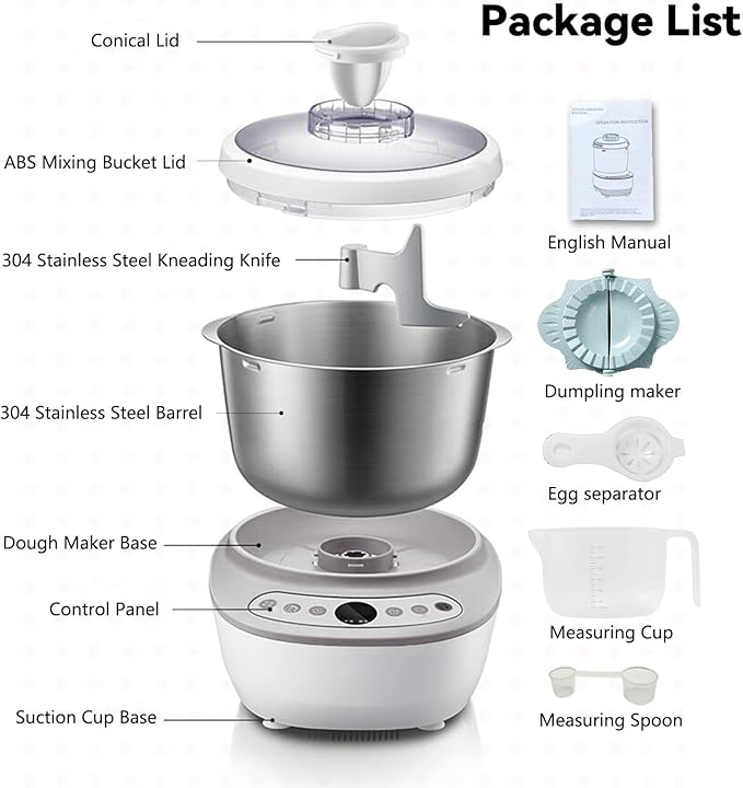 Dough Mixer 7L Large Capacity Electric Dough Maker with Ferment Function for Baking Bread Dough&Pizza Dough - Dough whisk 304 Stainless Steel Blender Add water/seasoning with Top Small Window