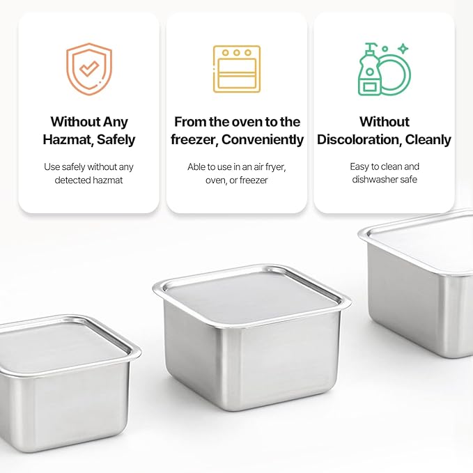 CuBE Low 3PCS Set Stainless Steel Food Storage Containers With Lids and 3 Net Kitchen Appliances Dishwasher Safe Premium South Korea