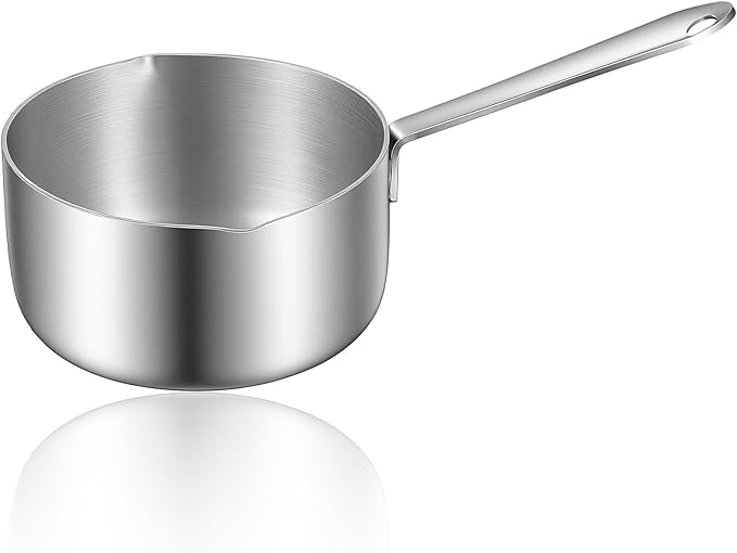 0.5 Quart 18/10 Tri-Ply Stainless Steel Butter Melting Pot, 500ml Silver Butter Warmer Measuring Pan Small Sauce Pan with Dual Pour Spouts for Milk, Coffee, Tea, Soup Warming & Measuring