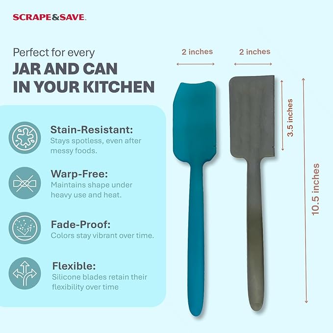 2-Pack Jar Scraper Spatula – Food Saver for Peanut Butter, Mayo, Tomato Paste & Jars – Flexible Silicone Reaches Corners & Bottoms – Kitchen Scraper Tool, Dishwasher Safe (Turquoise/Slate)