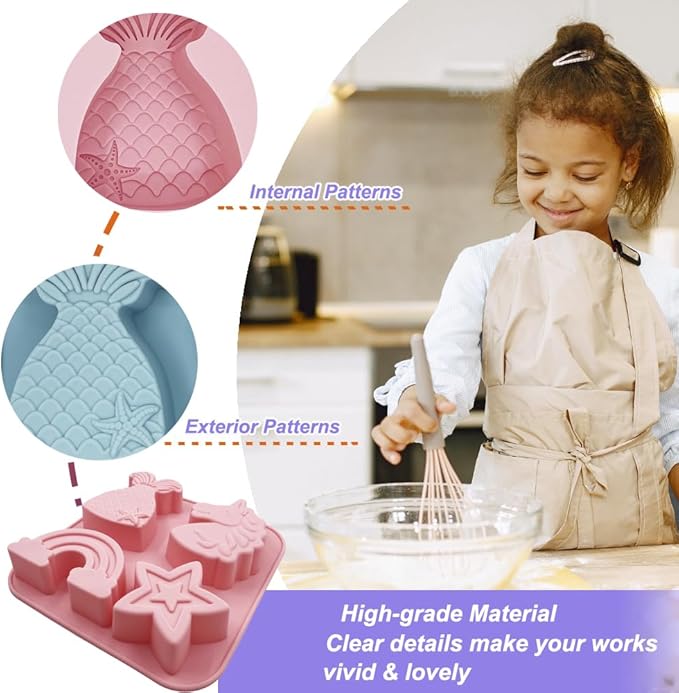 2 Pack Unicorn Molds Silicone 4 Cavity 3D Big Cartoon Themed Baking Mould Tray with Mermaid Rainbow Star for Baby Shower Birthday Party Chocolate Cake Mousse Pastry Soap Crayons Cupcake Topper