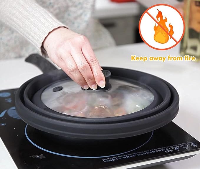 Tall Microwave Splatter Cover Glass Cover Guard Lid 6 inch Height with Collapsible Silicone for Food Pot Plate 12.5 inch Black