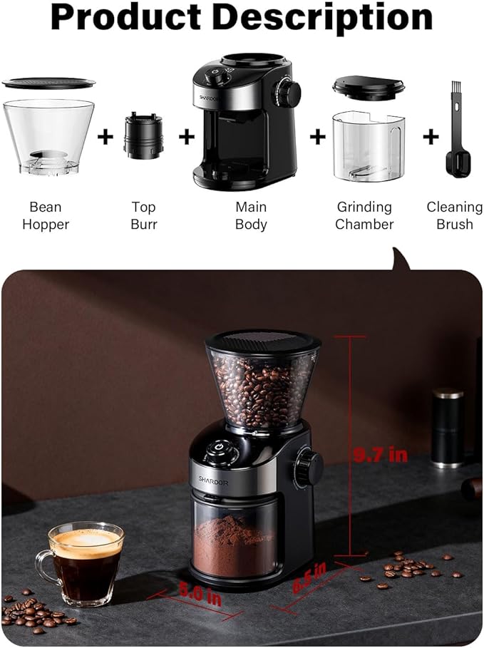 SHARDOR Burr Coffee Grinder Electric with 32 Grinding Sizes 3.0,Coffee Bean Grinder with 40 Seconds Adjustable Electronic Timer, Coffee Grinders for Home Use with Chamber Cleaning Button,Black