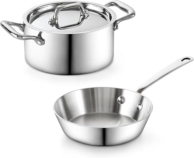Cooks Standard Multi-Ply Clad Stainless Steel Butter Warmer Set, Mini Cookware Duo Set, Stainless Steel Butter Melting Pots, Fry Pan 4.7 Inch & Casserole 0.68 Qt, Mini Pot and Pan, 3 Pieces, Silver